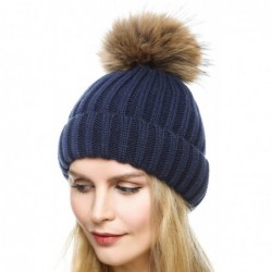 Skullies & Beanies Knit Hat for Womens Girls Fleece Winter Slouchy Beanie Hat with Real Raccon Fox Fur Pom Pom - Style02 Navy...
