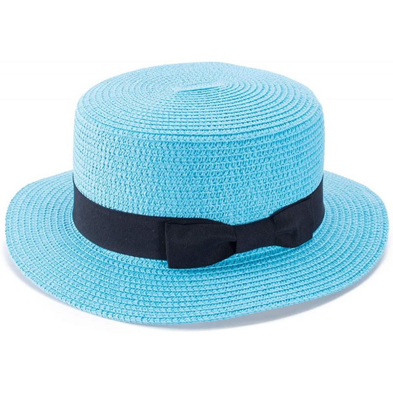 Sun Hats Womens Mini Straw Boater Hat Fedora Panama Flat Top Ribbon Summer A456 - Sky Blue - CT185NAAWSS $13.72
