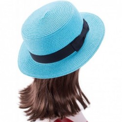 Sun Hats Womens Mini Straw Boater Hat Fedora Panama Flat Top Ribbon Summer A456 - Sky Blue - CT185NAAWSS $13.72