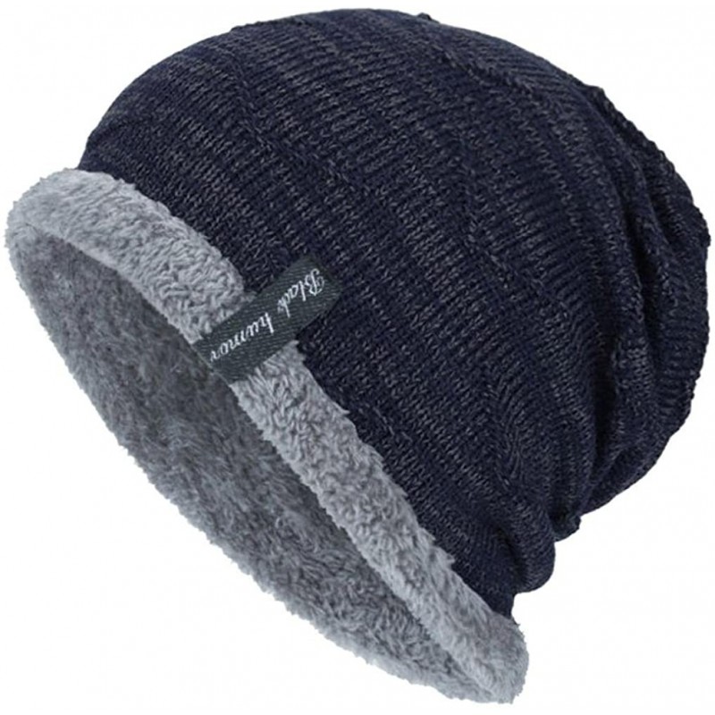 Skullies & Beanies Fashion Hat-Unisex Winter Knit Wool Warm Hat Thick Soft Stretch Slouchy Beanie Skully Cap - Navy - CW188IU...