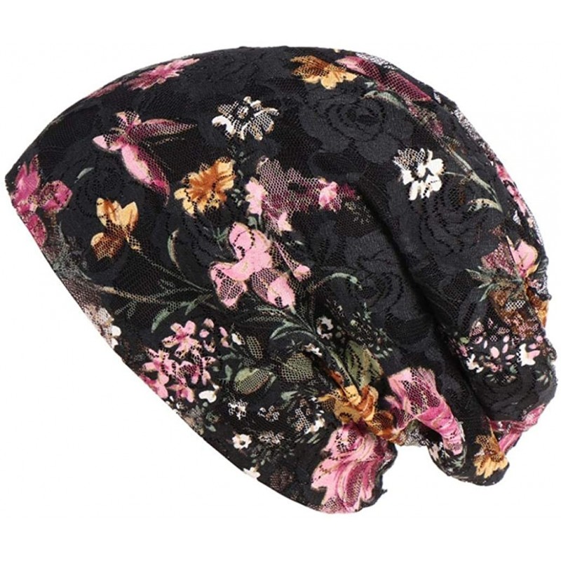 Baseball Caps Women Floral Lace Beanie Hat Chemo Cap Stretch Turban Hat Head Scarf Wrap - Black - CH18HCUS6X6 $11.48
