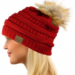 Skullies & Beanies Fur Pom Winter Fall Trendy Chunky Stretchy Cable Knit Beanie Hat - Solid Red - CK18YAMYRIM $27.42