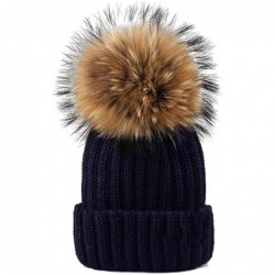 Skullies & Beanies Knitted Real Fur Hat 100% Real Raccoon Fur Pom Pom Hat Winter Women Hat Beanie for Women - Dark Blue - C21...
