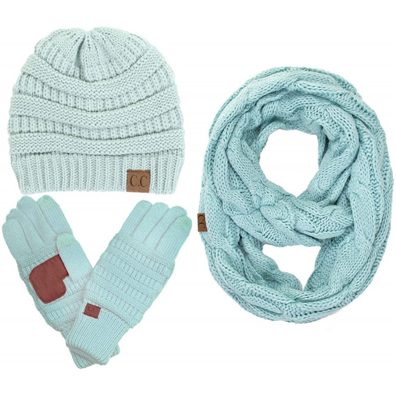 Skullies & Beanies 3pc Set Trendy Warm Chunky Soft Stretch Cable Knit Beanie Scarves Gloves Set - Mint - CW187GNRGT0 $63.45