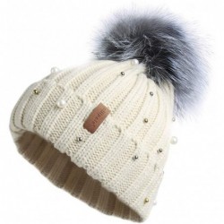 Skullies & Beanies Women Knit Winter Turn up Beanie Hat with Pearl and Fur Pompom - Beige(silver Fox Pompom) - C3189R4L4GR $3...