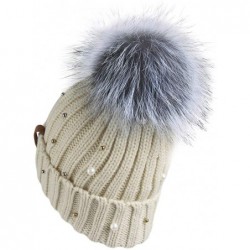 Skullies & Beanies Women Knit Winter Turn up Beanie Hat with Pearl and Fur Pompom - Beige(silver Fox Pompom) - C3189R4L4GR $2...