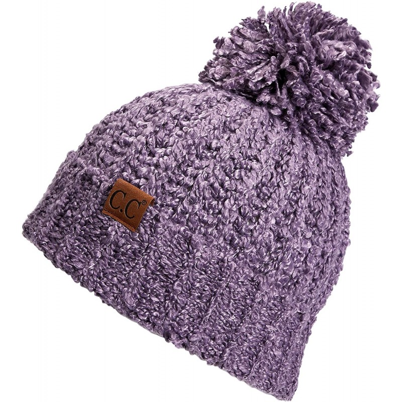 Skullies & Beanies Winter Hat Cable Knitted Large Soft Pom Pom Beanie Hat (HAT-7362) - Violet - CL18R56KLHA $19.00