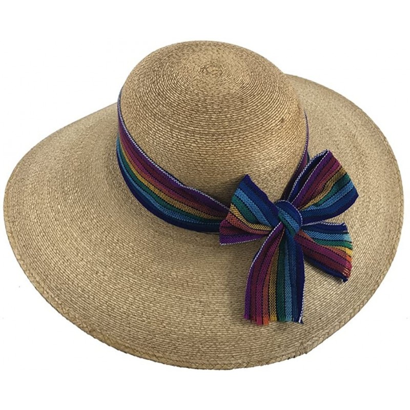 Sun Hats The Original DAMA Lady's Moreno Palm Straw Sun Hat - Cafe W/ Blue/Rainbow Bow - C5184NHWE9D $49.68
