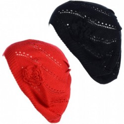 Berets Open Weave Womens Crochet Mesh Beanie Hat Flower Fashion Soft Knit Beret Cap - 2679bkred - CC194XD54IU $29.25