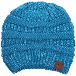 Skullies & Beanies Solid Ribbed Beanie Slouchy Soft Stretch Cable Knit Warm Skull Cap - Teal - Metallic - CT185RW0Y98 $17.08
