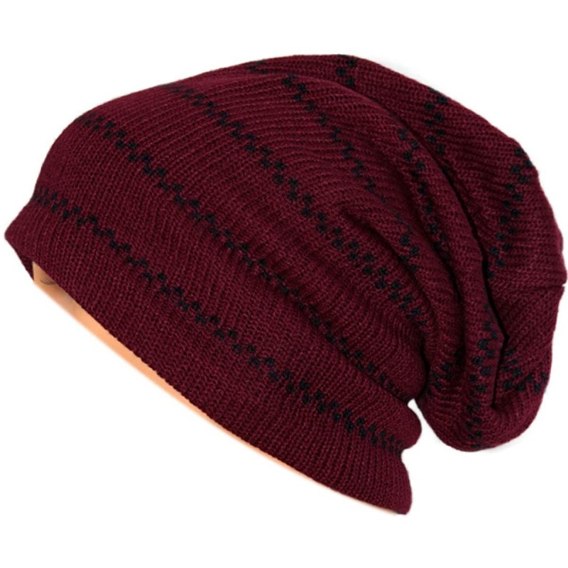Skullies & Beanies Unisex Beanie Hat Slouchy Knit Cap Skullcap Stripe Baggy Style 1012 - Claretblack - C5128MZ2315 $15.08
