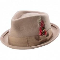 Fedoras Bogart Stingy Brim Fine Heather Wool Felt Teardrop Dent Hat with Feather H-54 - Camel - C7185Q7Z2E6 $83.54