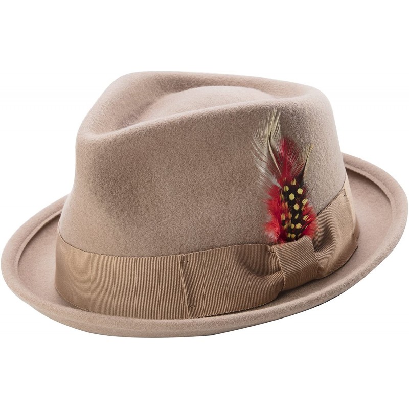 Fedoras Bogart Stingy Brim Fine Heather Wool Felt Teardrop Dent Hat with Feather H-54 - Camel - C7185Q7Z2E6 $49.19