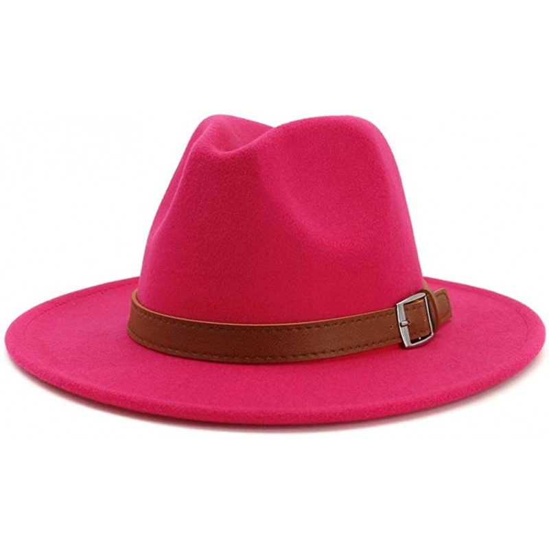 Fedoras Classic Men & Women Wide Brim Fedora Panama Hat with Belt Buckle - Rose Red - CX18RZAZQZ3 $27.58