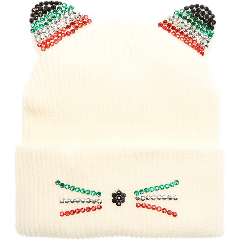 Skullies & Beanies Women's Soft Warm Embroidered Meow Cat Ears Knit Beanie Hat with Stone Embellished - Multi Color Stone Ivo...