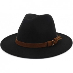 Fedoras Unisex Wide Brim Felt Fedora Hats Men Women Panama Trilby Hat with Band - Black - CP18KROSKH7 $33.63