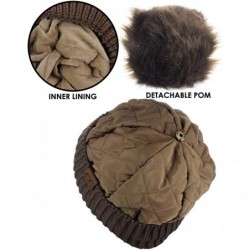 Skullies & Beanies Soft Quilted Puffer Detachable Faux Fur Pom Inner Lined Cuff Beanie Hat - Coffee - CS18KANZLR8 $24.38