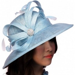 Sun Hats Women Hat Summer Sun Hat Sinamay Feather Ribbons Wide Brim Light Blue - CG11VLP2FH1 $97.12