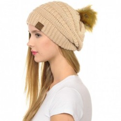 Skullies & Beanies Hat-43 Thick Warm Cap Hat Skully Faux Fur Pom Pom Cable Knit Beanie - New Beige - CI18X8X8YR6 $30.15