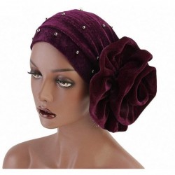 Skullies & Beanies Women Velvet Turban Hat Indian Cap Flower Slouchy Beanie Stretch Chemo Headwrap - Ma Flower Beads Black - ...