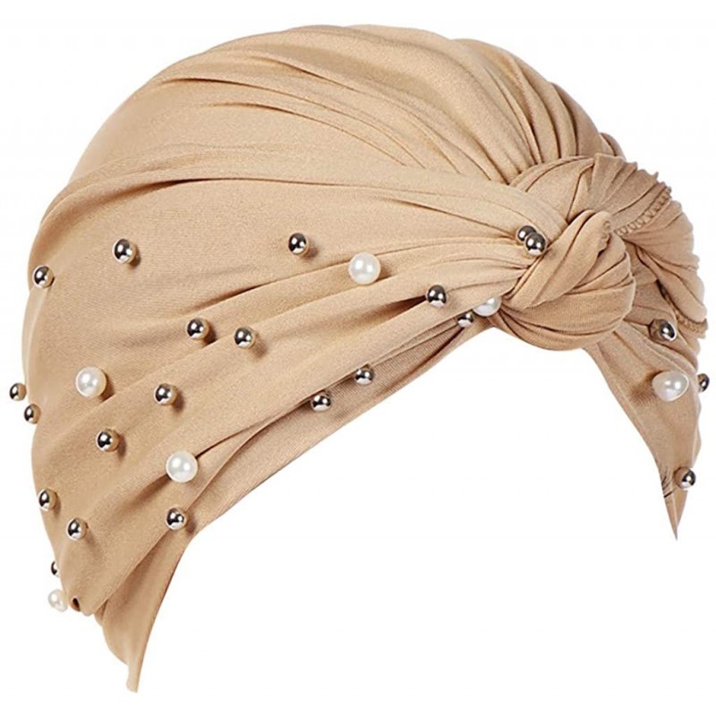 Bomber Hats Women Muslim Turban Pearl Hat Bonnet Hijab Headscarf Islamic Chemo Cap - Khaki - CT18RZXHEW9 $17.94