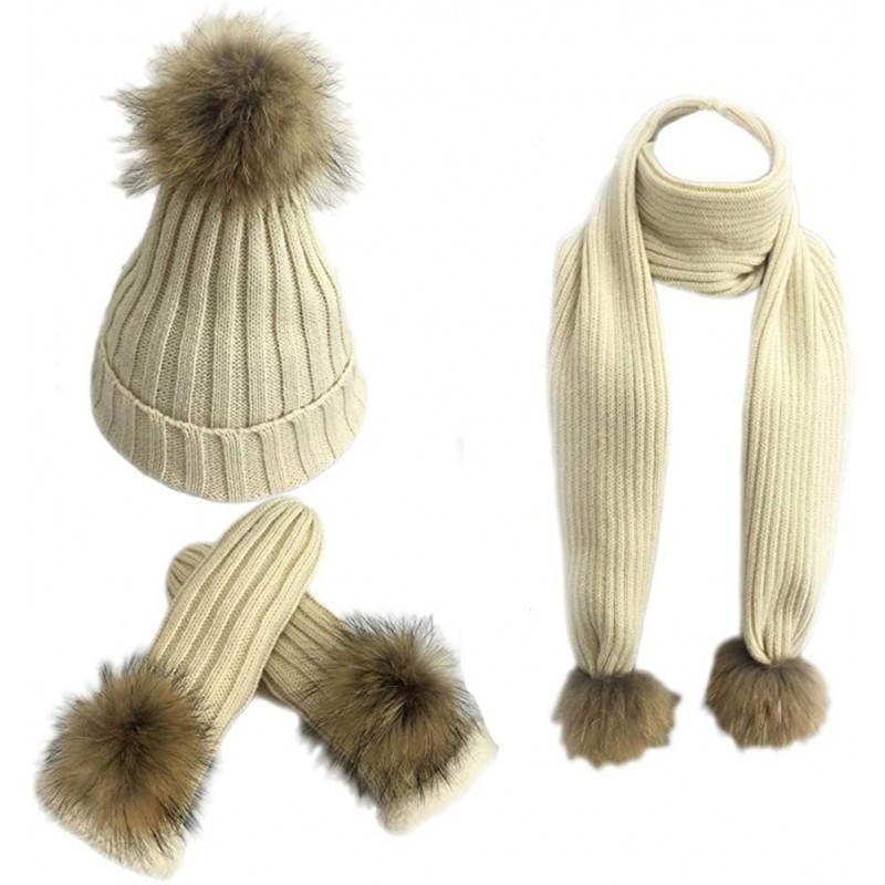 Skullies & Beanies Women Pom Pom Beanie Hat Scarf Gloves Set Winter Thick Knitted 3 piece Mitten Sets - Beige - CT188OZ2QN0 $...