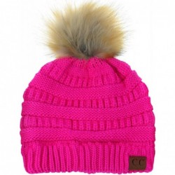 Skullies & Beanies Exclusive Soft Stretch Cable Knit Faux Fur Pom Pom Beanie Hat - CS12NU9NY7P $19.69