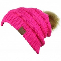 Skullies & Beanies Exclusive Soft Stretch Cable Knit Faux Fur Pom Pom Beanie Hat - CS12NU9NY7P $19.69