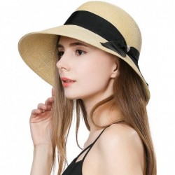 Fedoras Packable Womens Straw Cloche Derby Fedora Summer Wide Brim Sun Hat Floppy Beach 55-60cm - Beige_99301 - CC18CMY846E $...