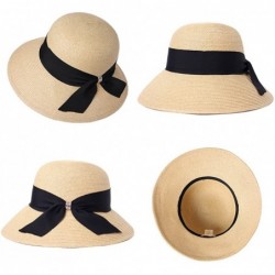 Fedoras Packable Womens Straw Cloche Derby Fedora Summer Wide Brim Sun Hat Floppy Beach 55-60cm - Beige_99301 - CC18CMY846E $...