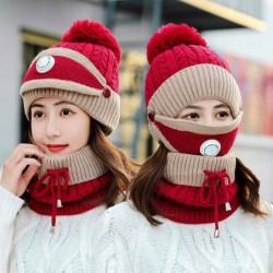 Skullies & Beanies Fleece Lined Knit Beanie Scarf Mouth Mask Set for Girl and Women Winter Ski Hat with Pompom - Breathing Va...