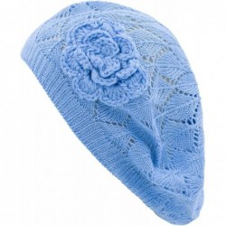 Berets Womens Crochet Flower Beanie Hats Lightweight Cutout Knit Beret Fashion Cap - Aqua Diamond Stripe - C612LCQ67L3 $25.58