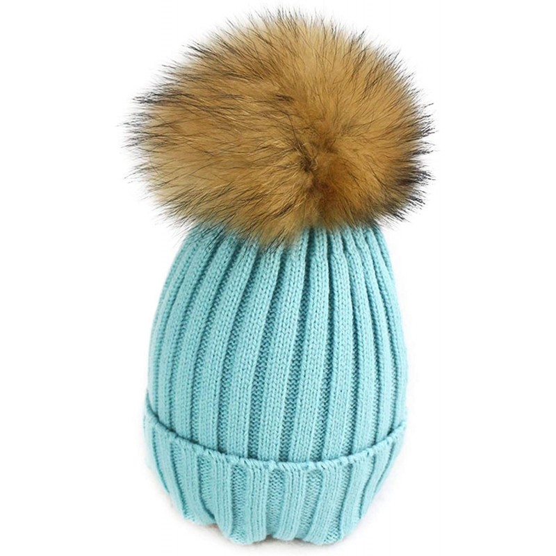 Skullies & Beanies Women Cable Knit Beanie Raccoon Fur Fuzzy Pompom Chunky Winter Stretch Skull Cap Cuff Hat - 16cyan - CC18W...