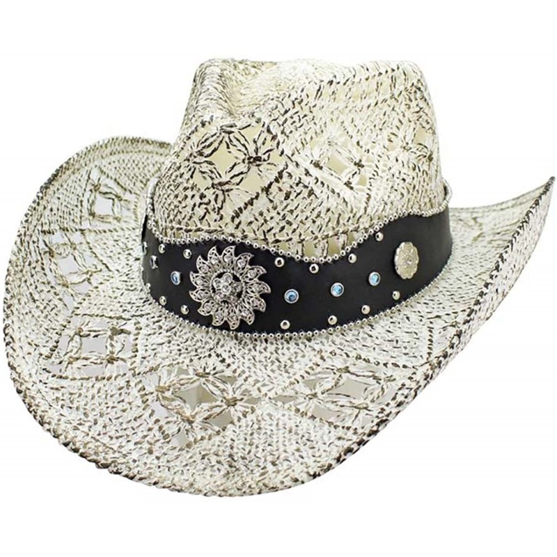 Cowboy Hats White Antiqued Straw Cowboy Hat with Jeweled Band - CM17YLW5EA3 $50.11