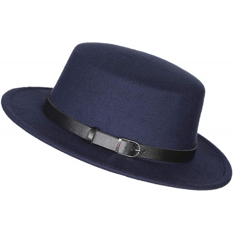 Fedoras Women's Brim Fedora Wool Flat Top Hat Church Derby Belt Cap - Navy - CF18L0RTLIT $20.63