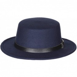 Fedoras Women's Brim Fedora Wool Flat Top Hat Church Derby Belt Cap - Navy - CF18L0RTLIT $20.63