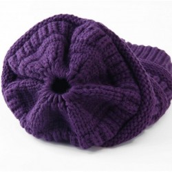 Skullies & Beanies Women's Knitted Messy Bun Hat Ponytail Beanie Baggy Chunky Stretch Slouchy Winter - Dark Purple - CT18YMGM...