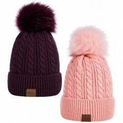 Skullies & Beanies Womens Winter Beanie Hat- Warm Fleece Lined Knitted Soft Ski Cuff Cap with Pom Pom - Dark Purple+pink - C0...