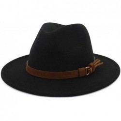Fedoras Women Men Wide Brim Felt Wool Fedora Hat with Belt Buckle - Black - CI18X085IDA $26.77