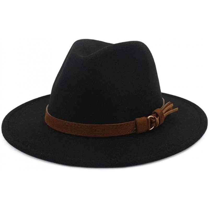 Fedoras Women Men Wide Brim Felt Wool Fedora Hat with Belt Buckle - Black - CI18X085IDA $17.85