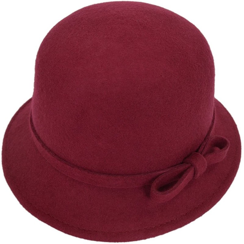 Bucket Hats Women's Pure Wool Solid Color Bow Round Cloche Cap Hat - Diff Colors - Burgundy - C311AD8MOF9 $19.25