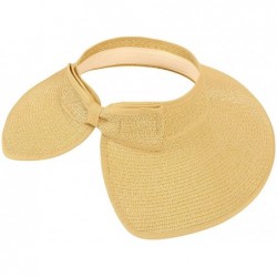 Visors Women's Roll up Wide Brim Straw Hat Visor with Bow-Beige - CM123GYXFWN $21.11