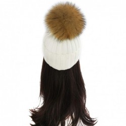 Skullies & Beanies Women Cable Knit Beanie Raccoon Fur Fuzzy Pompom Chunky Winter Stretch Skull Cap Cuff Hat - 14white - C918...