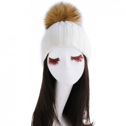Skullies & Beanies Women Cable Knit Beanie Raccoon Fur Fuzzy Pompom Chunky Winter Stretch Skull Cap Cuff Hat - 14white - C918...
