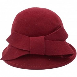 Bucket Hats 100% Wool Vintage Felt Cloche Bucket Bowler Hat Winter Women Church Hats - Big Bow Wine Red3 - C118K5S3KTU $53.34