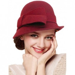 Bucket Hats 100% Wool Vintage Felt Cloche Bucket Bowler Hat Winter Women Church Hats - Big Bow Wine Red3 - C118K5S3KTU $37.21
