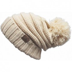Skullies & Beanies Warm Chunky Soft Oversized Cable Knit Slouchy Beanie with Pom Pom - Natural - CR12KBZO00V $30.14