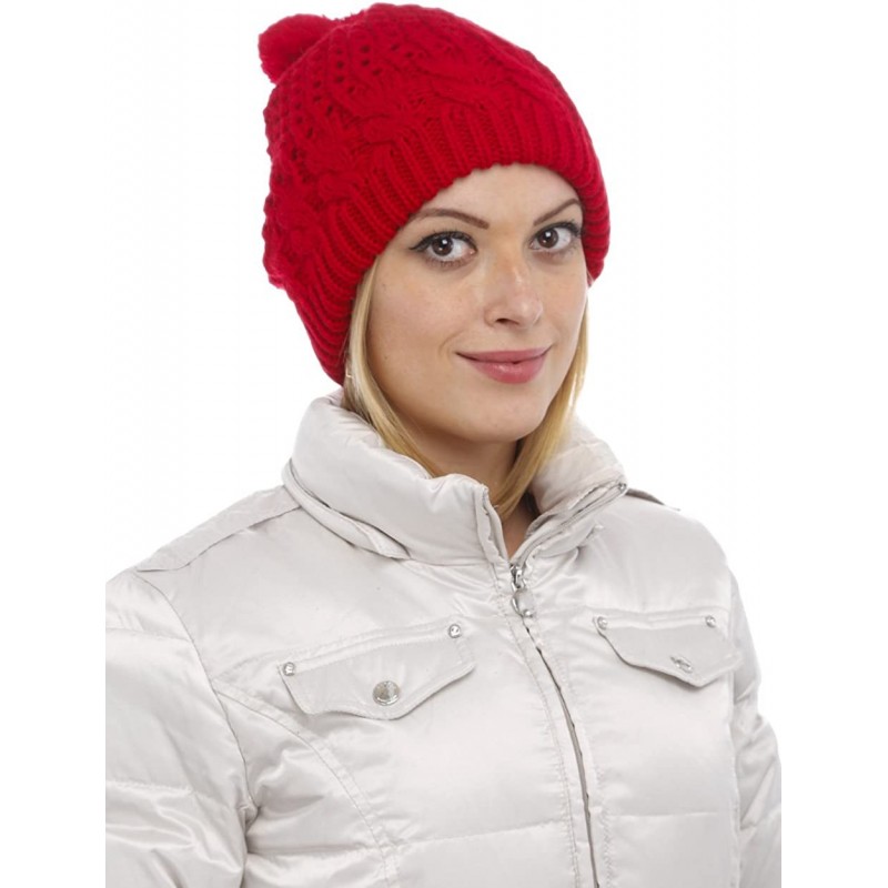 Skullies & Beanies Women Warm Winter Thick Slouchy Knit Hat with Pom Pom - Red - CL124I3SRTH $13.02