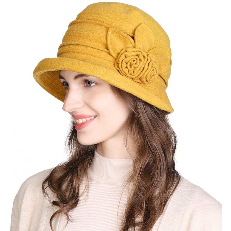 Berets Womens Wool Blend Winter Bucket 1920s Vintage Derby Hat Fedora Round Fall Bowler 55-59cm - 16076-yellow - C318ZCOLT30 ...