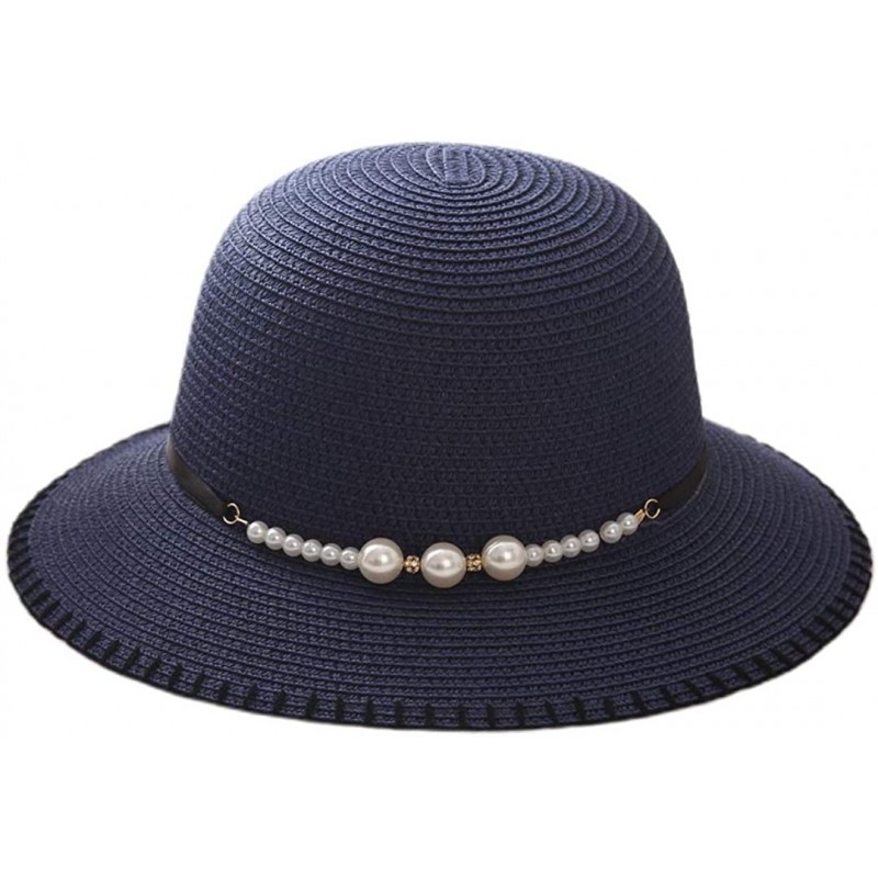 Sun Hats Girls Flower Straw Hat Large Brim Beachwear Sunhat Floral Tea Party Cap - Navy - CY193L0X83Y $17.47